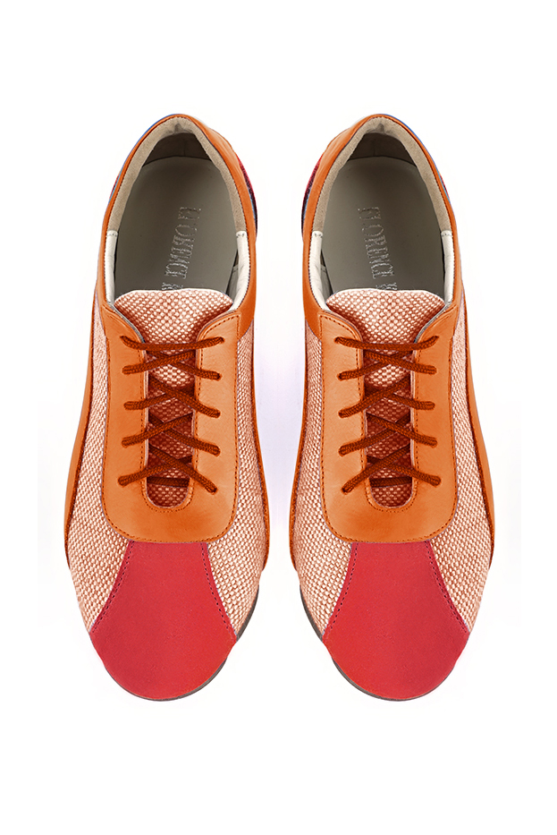 Scarlet red and peach orange women's two-tone elegant sneakers. Round toe. Flat rubber soles. Top view - Florence KOOIJMAN